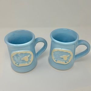 Grey Fox Pottery Baby Blue Coffee Mugs with Sheep Motif Set of 2!